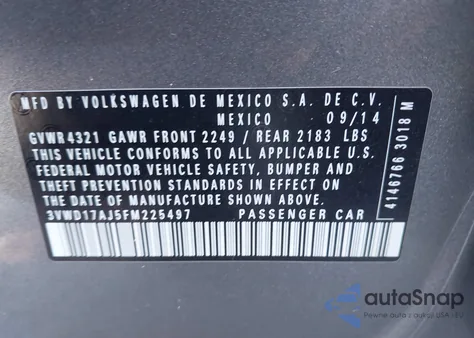 2015 Volkswagen Jetta 1.8T Se from USA, damaged, VIN 3VWD17AJ5FM225497